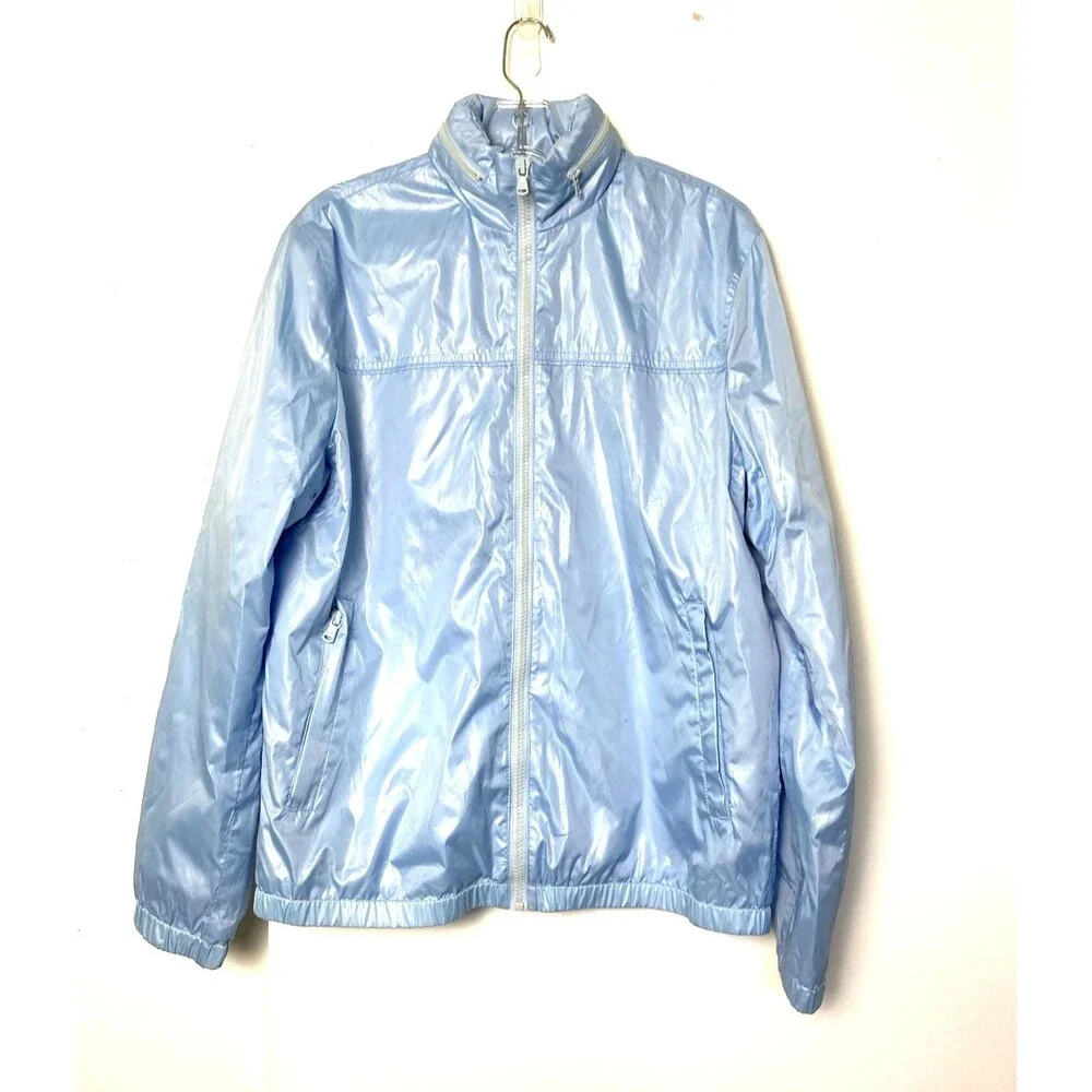 Perry Ellis Hooded Jacket Rain Coat Womens Size M Blue Pastel Full Zip Pockets